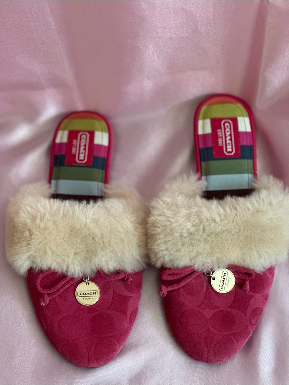 Coach CARRA signature C monogram embossed fur trim slide slippers